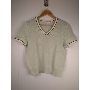 St John Sport Marie Gray Sage Green Knit V-Neck Short Sleeve Top Size P